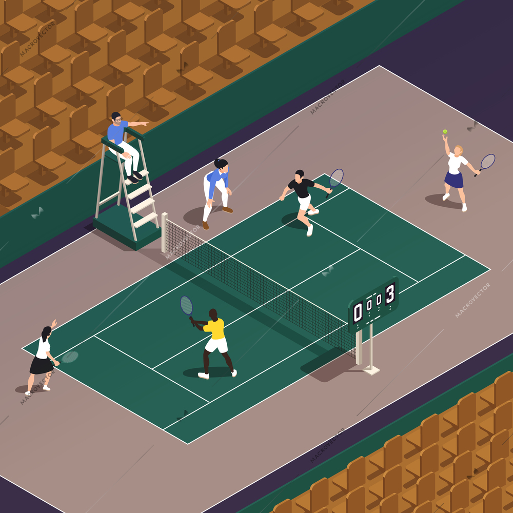 Tennis isometric composition with view of empty seats on stadium and doubles game with playing people vector illustration