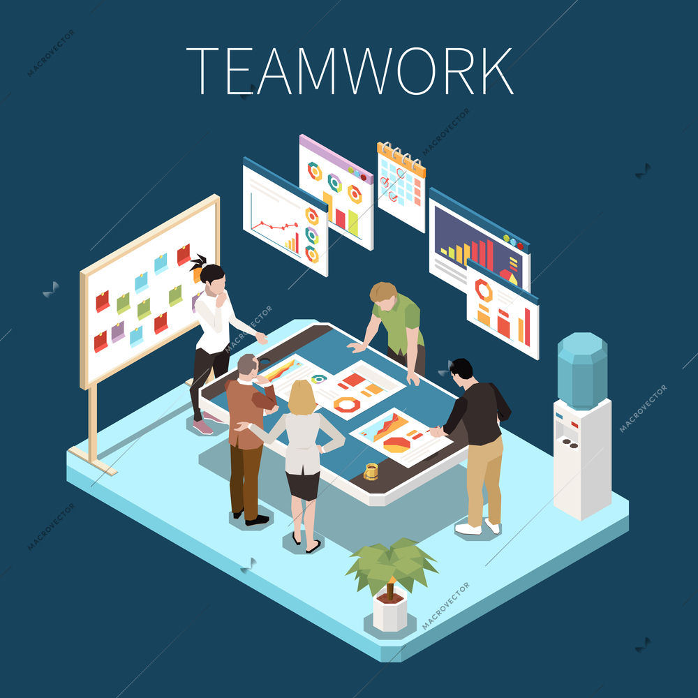 Isometric concept with remote teamwork people working together in office using big tablet as table 3d vector illustration