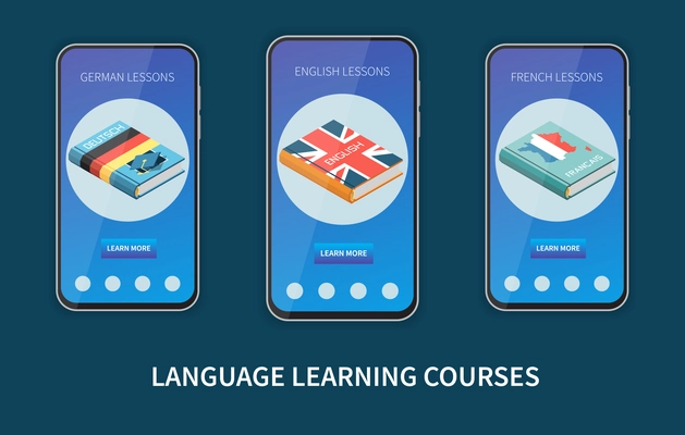 Language learning courses isometric banners set with german english and french lessons smartphone screens isolated 3d vector illustration