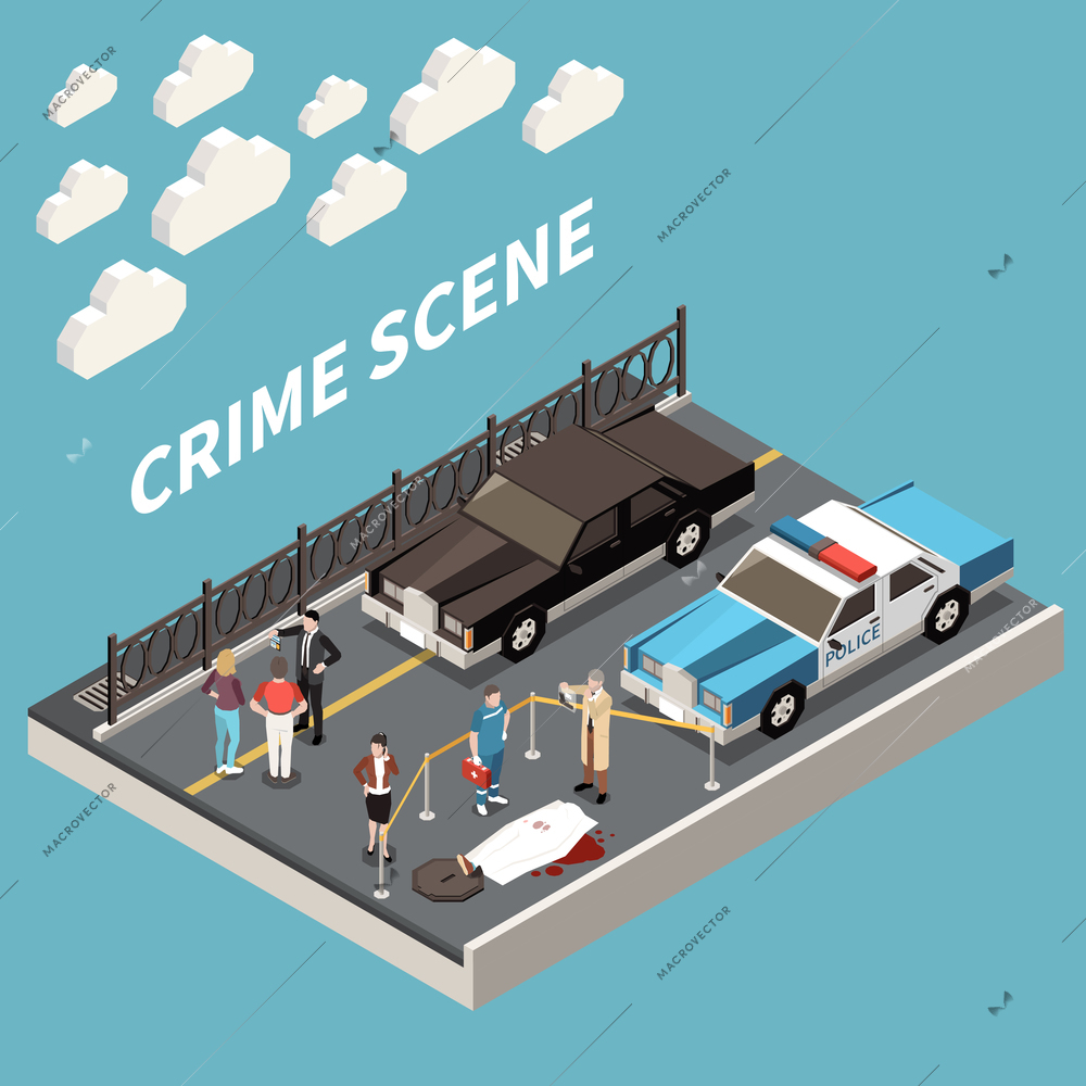 Police officer and detective working on crime scene after murder isometric 3d vector illustration