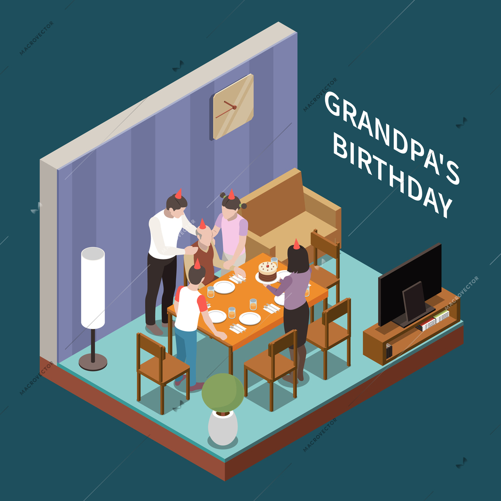 Family celebrating grandpas birthday with holiday cake in living room 3d isometric vector illustration