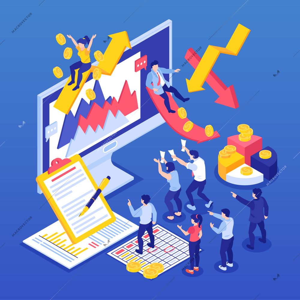 Isometric concept of finance with financial graphs people computer coins on blue background 3d vector illustration