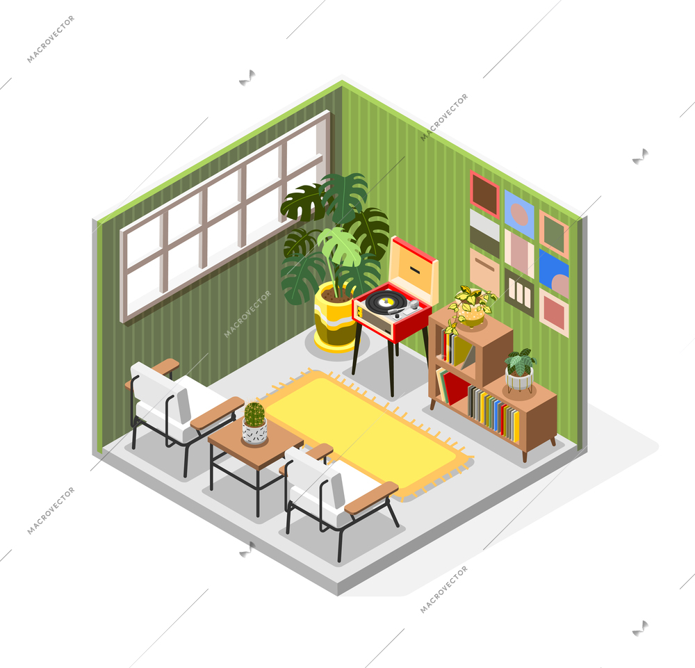 Antique interior isometric composition with indoor view vinyl player on stand with cabinet and soft chairs vector illustration