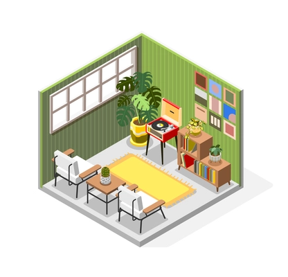 Antique interior isometric composition with indoor view vinyl player on stand with cabinet and soft chairs vector illustration