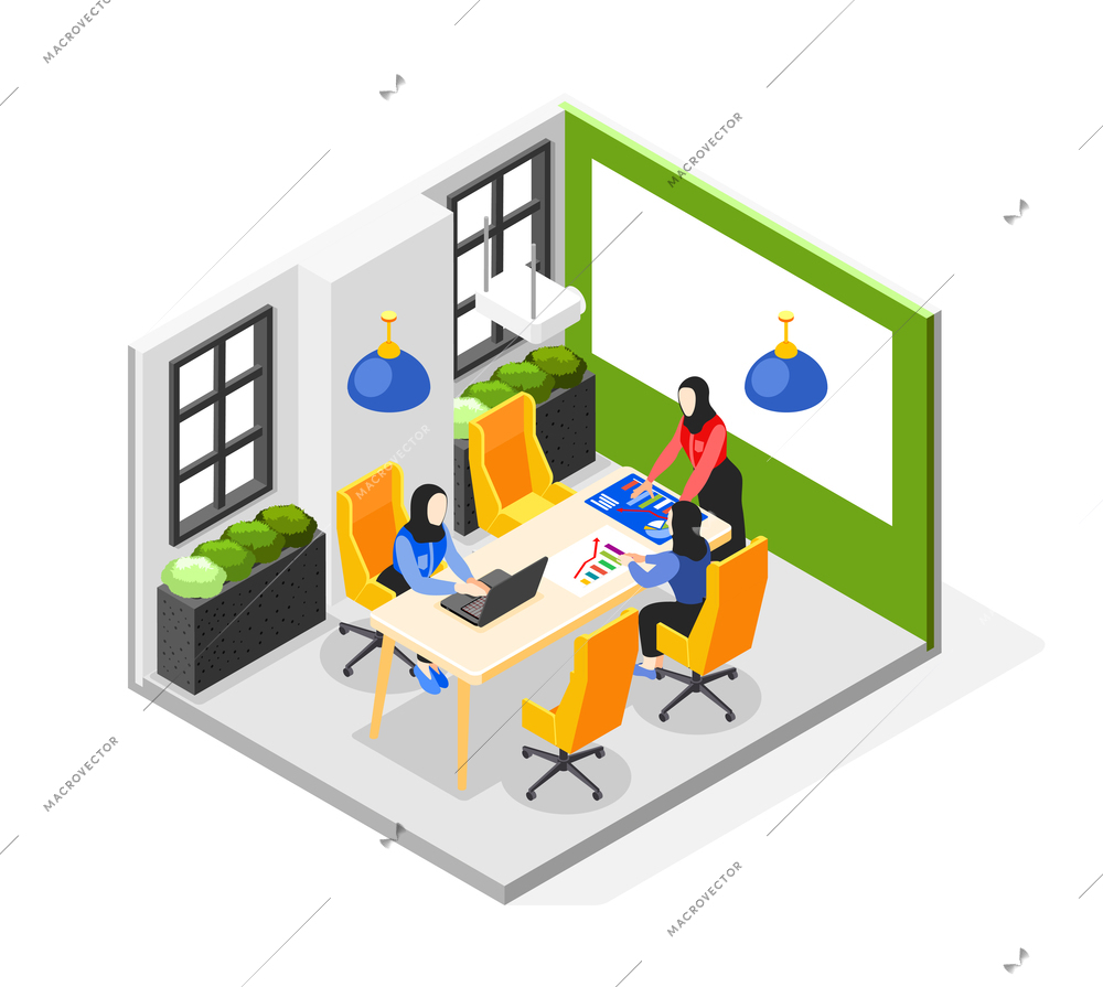 Business lady isometric composition with view of office work meeting with muslim women boss and employees vector illustration