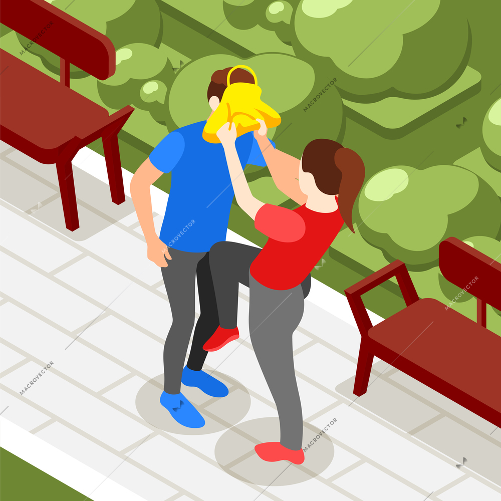 Self defense isometric background with outdoor city park scenery and woman punching hooligan with her bag vector illustration