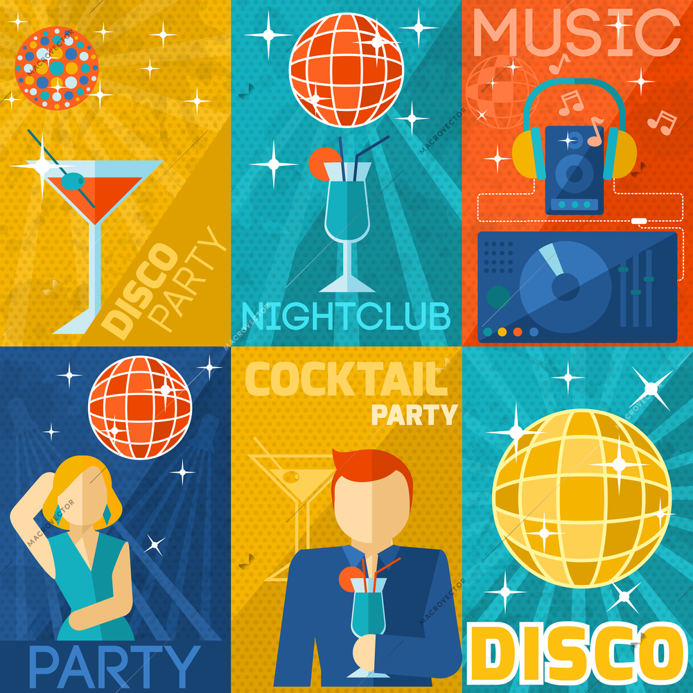 Night club poster mini set with disco cocktail party music isolated vector illustration