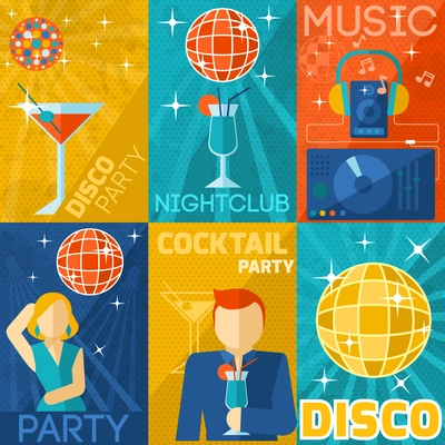 Night club poster mini set with disco cocktail party music isolated vector illustration