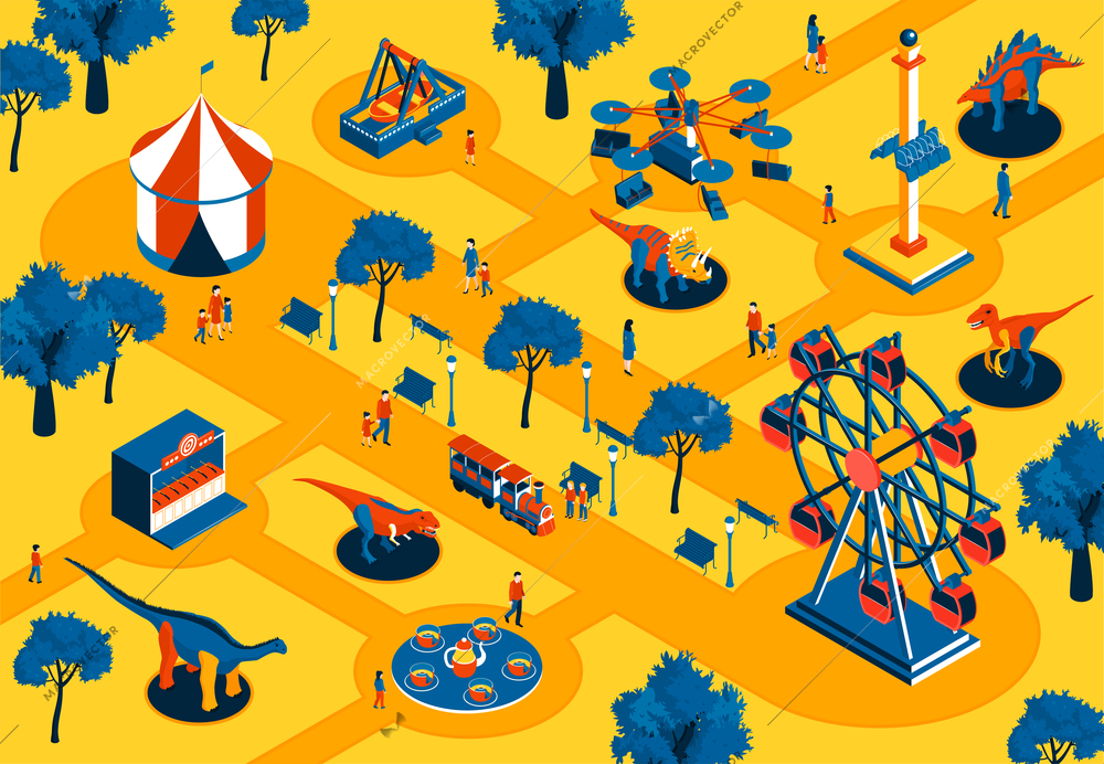 Amusement park background with dinosaurs and tent and ferris wheel isometric vector illustration