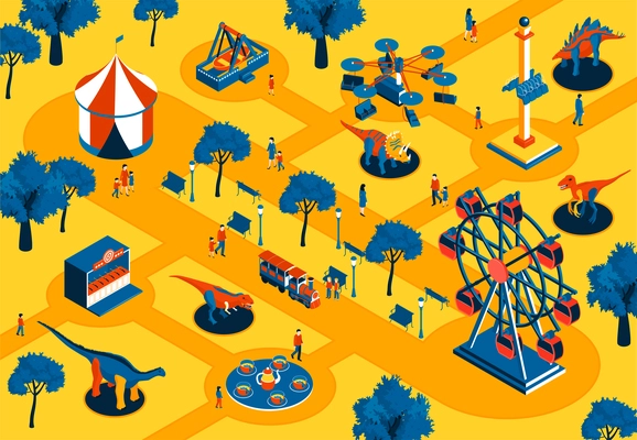 Amusement park background with dinosaurs and tent and ferris wheel isometric vector illustration