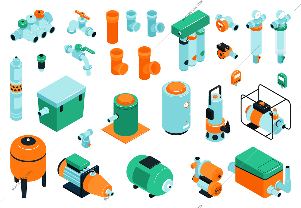 Pumps machinery equipment color set isometric isolated vector illustration