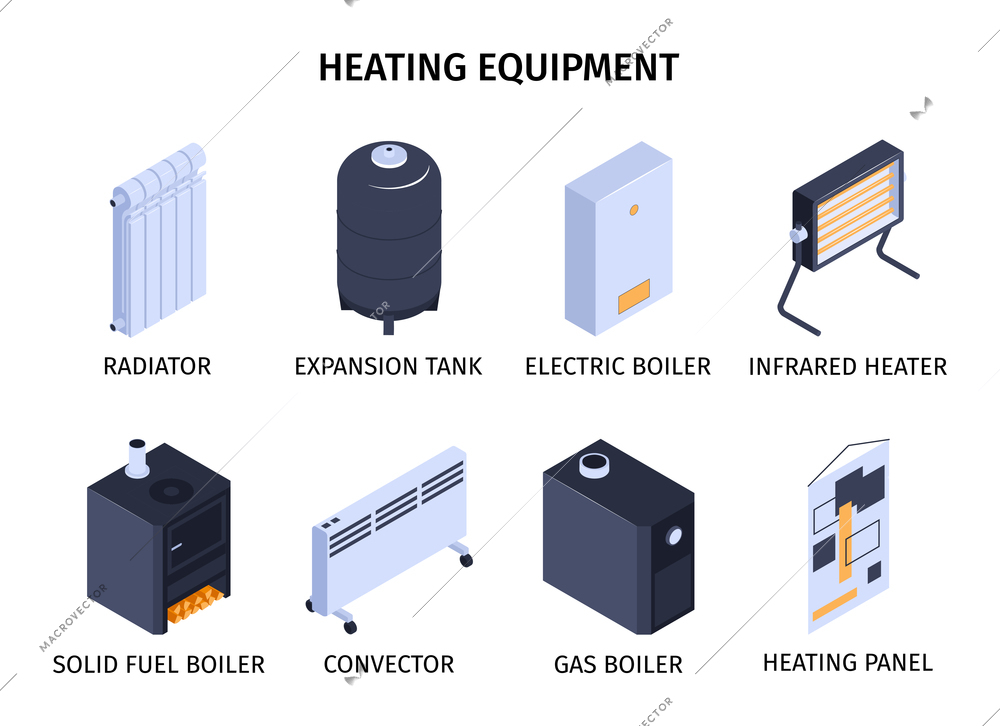 Heating system and boiler composition set with expansion tank isometric isolated vector illustration