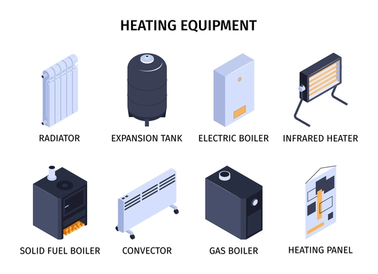 Heating system and boiler composition set with expansion tank isometric isolated vector illustration