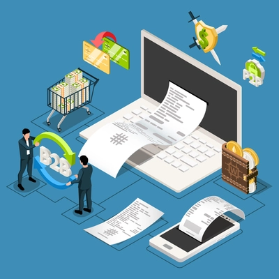 Fintech isometric composition with icons and pictograms of cash wallets and payment transactions with receipt bills vector illustration