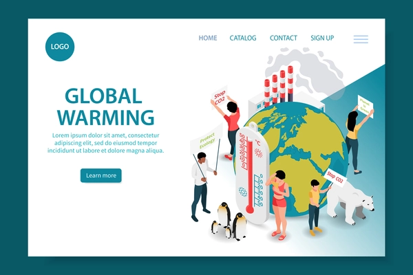 Global warming isometric web site landing page with composition of images editable text links and button vector illustration