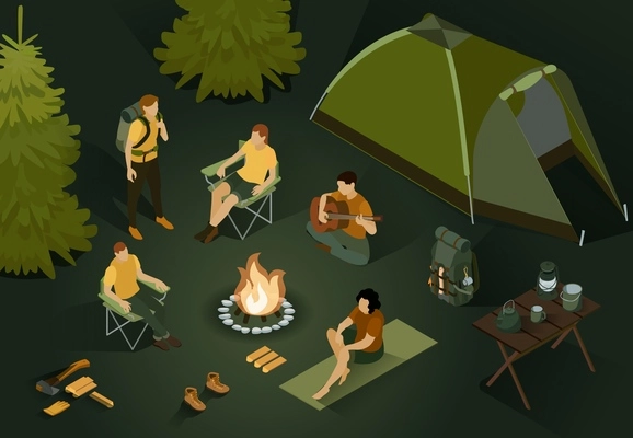 Isometric hiking composition with outdoor night scenery and people sitting near tent with bonfire and backpacks vector illustration