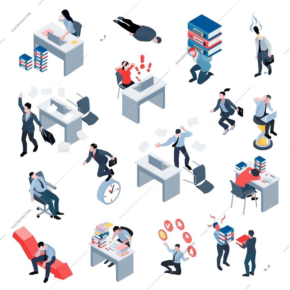 Set with isolated isometric business documents stress tiredness burnout icons with characters of office workers emotions vector illustration