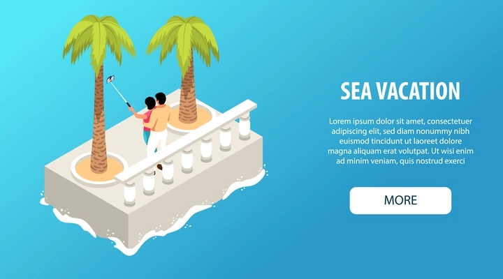 Isometric vacation sea horizontal banner with editable text clickable more button and embankment with loving couple vector illustration