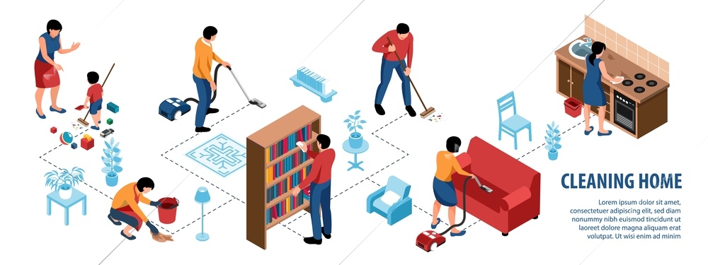 Isometric cleaning home infographics with editable text silhouettes of living room furniture and family member characters vector illustration