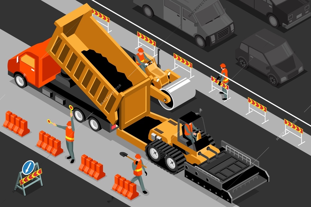 Isometric road repair horizontal composition with outdoor view of motorway section with barriers workers and machinery vector illustration