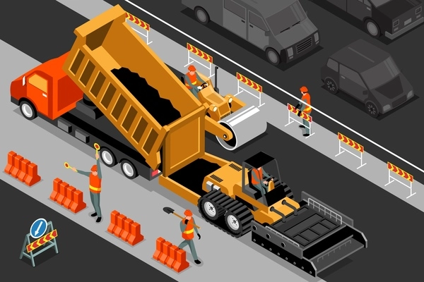 Isometric road repair horizontal composition with outdoor view of motorway section with barriers workers and machinery vector illustration