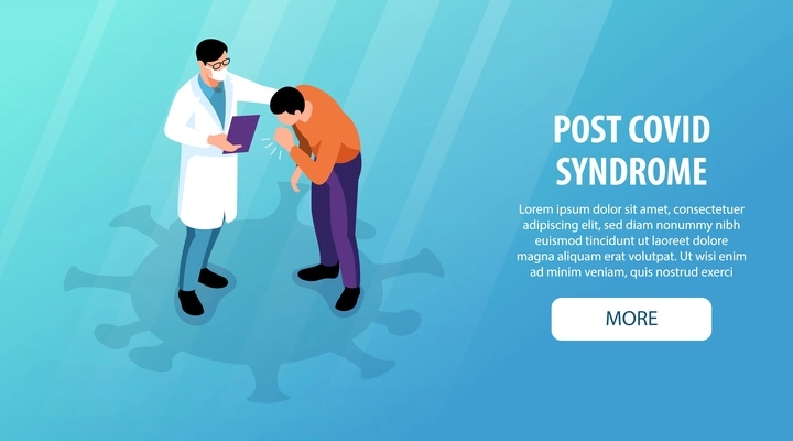 Isometric post covid syndrome doctor horizontal banner with editable text clickable more button and human characters vector illustration