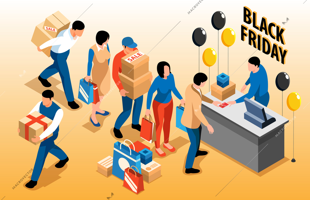 Isometric black friday composition with faceless characters of people in queue with boxes and shop assistant vector illustration