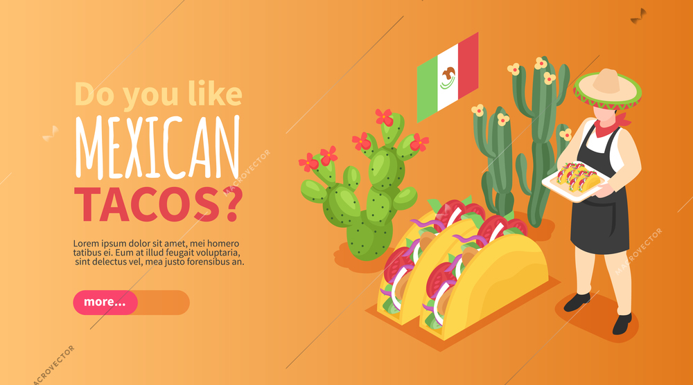 Mexican cuisine horizontal banner demonstrated woman in national clothes holding tray with tacos isometric vector illustration