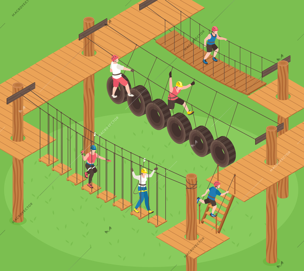 Rope park isometric background with team of teens training outdoor on ropewalk zip line and tires vector illustration