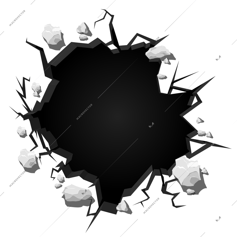 Big dark cracked hole in ground top view realistic vector illustration