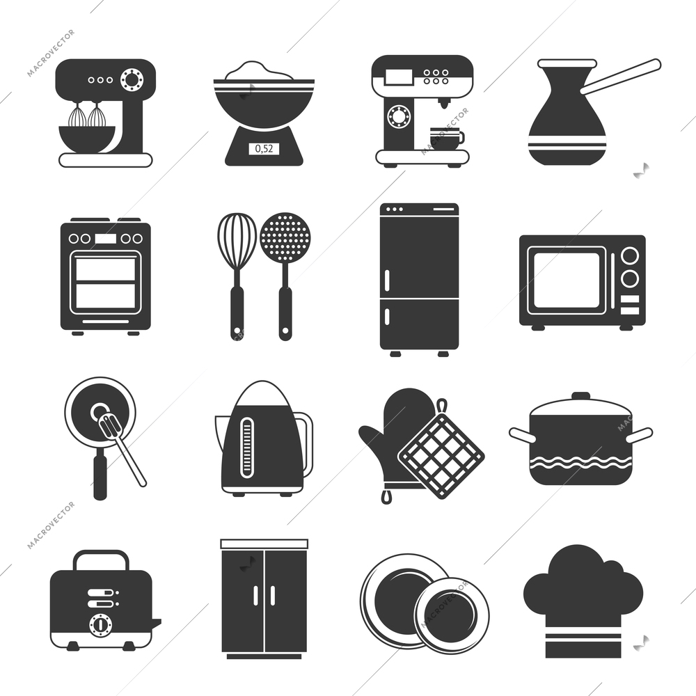 Kitchen interior utensils and appliances Icons black and white set isolated vector illustration