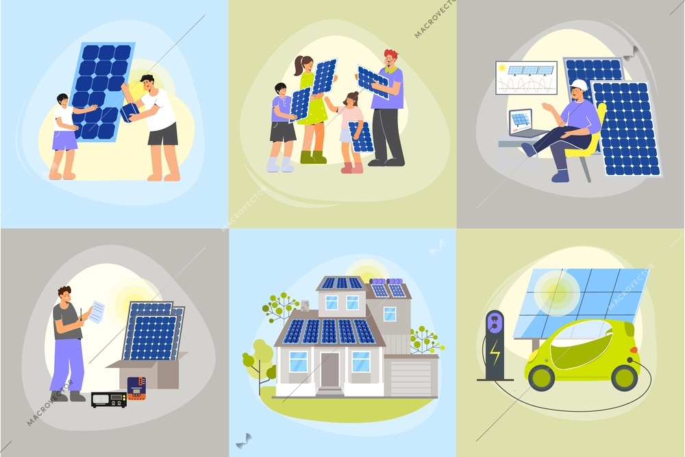 Solar energy set of six square compositions with flat human characters photovoltaic panels and electric car vector illustration