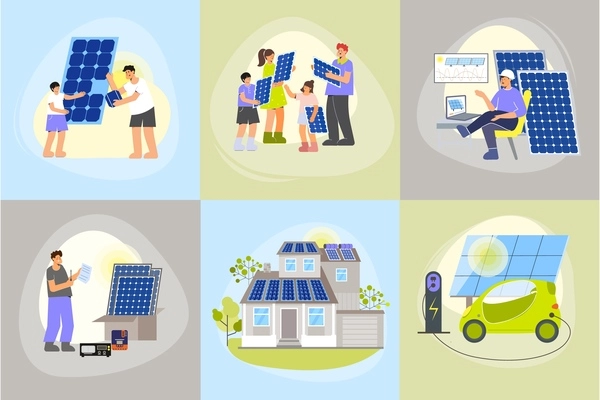 Solar energy set of six square compositions with flat human characters photovoltaic panels and electric car vector illustration