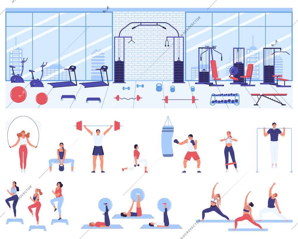 Fitness gym set with indoor view of gymnasium with isolated icons of apparatus and human characters vector illustration