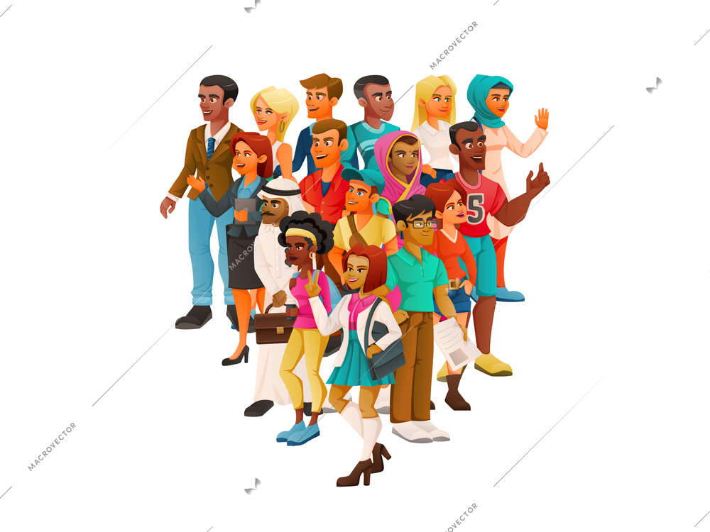 Cartoon characters diversity composition with heart shaped group of people with europeans african americans and asians vector illustration