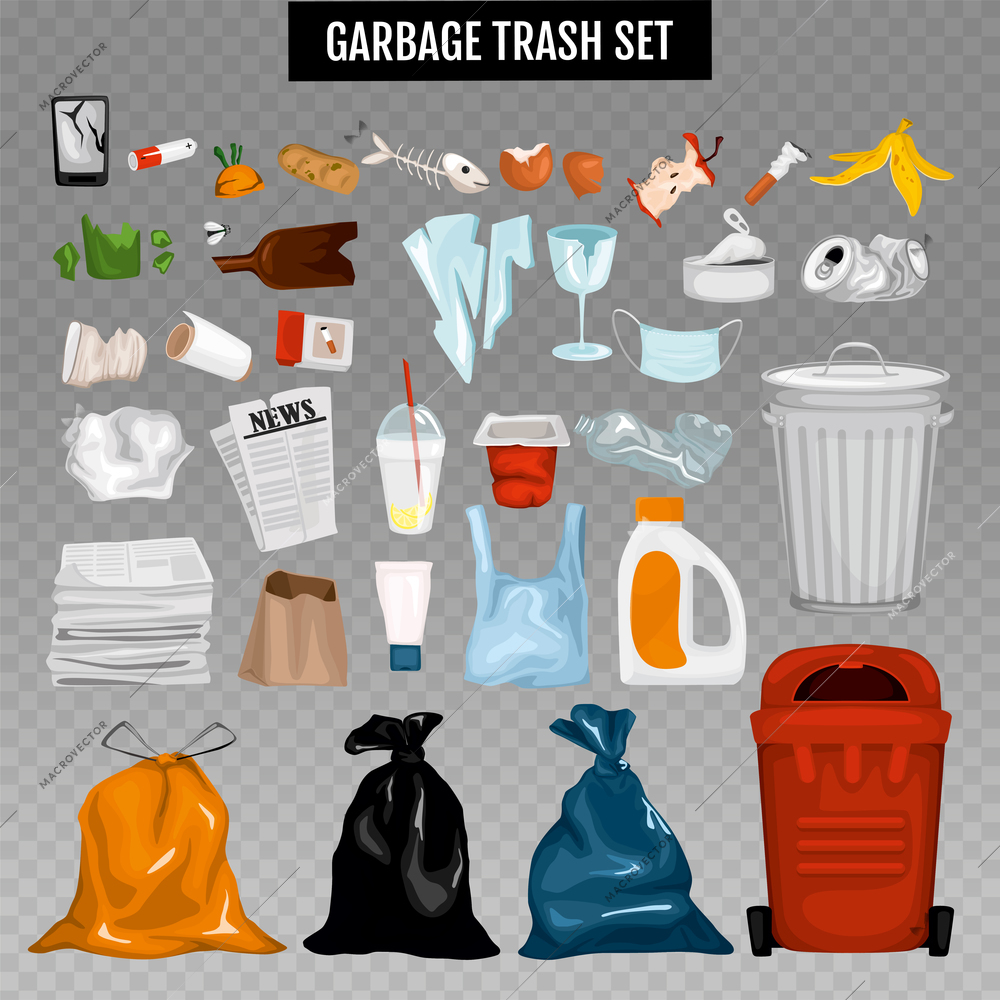 Trash garbage set of isolated icons of sacks bin containers and various waste on transparent background vector illustration