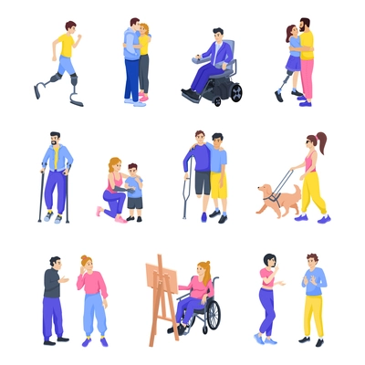 Disable people lifestyle flat set of isolated icons with characters of disabled persons in various situations vector illustration