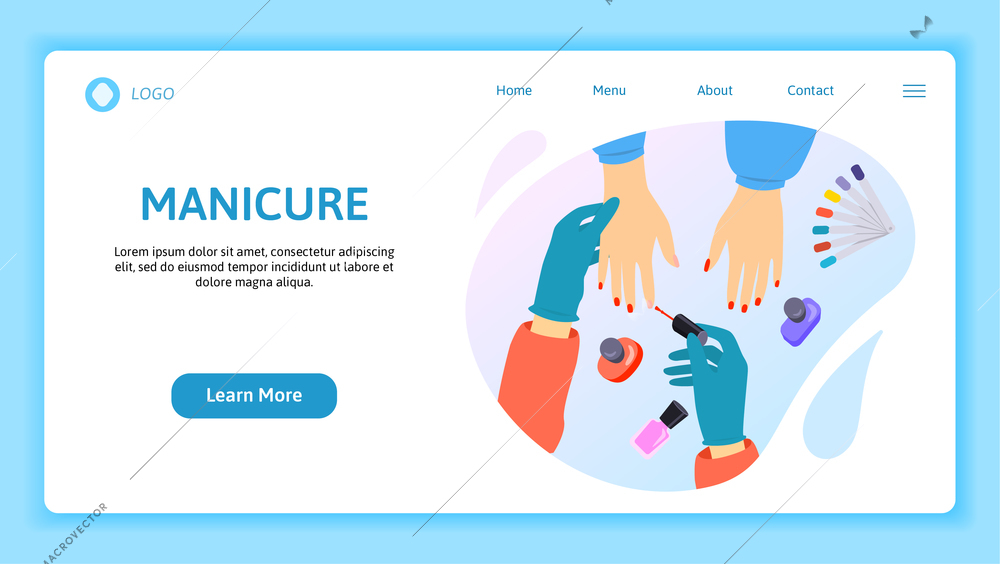 Manicure flat web site design horizontal landing page with editable text links and images of hands vector illustration