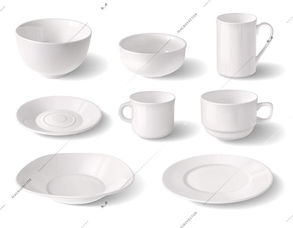 Cups and plates realistic set of different shape and size white crockery dishware elements isolated vector illustration