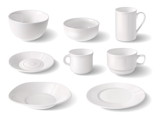 Cups and plates realistic set of different shape and size white crockery dishware elements isolated vector illustration