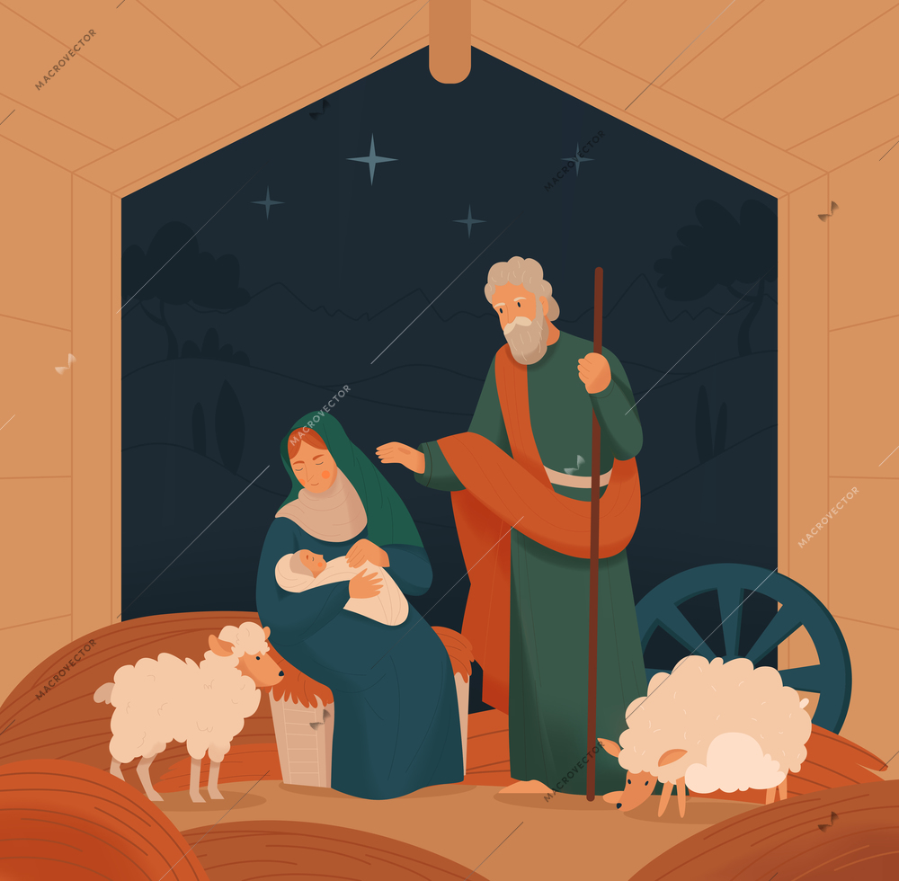 Christ bible story christmas composition a mother and child lying in her arms and two sheep walking beside her vector illustration