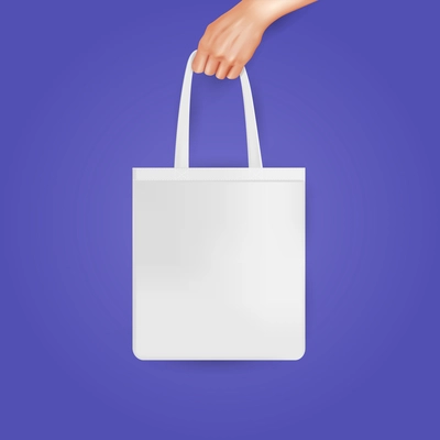 Realistic hands bag color background composition white cloth bag in hand on purple background vector illustration