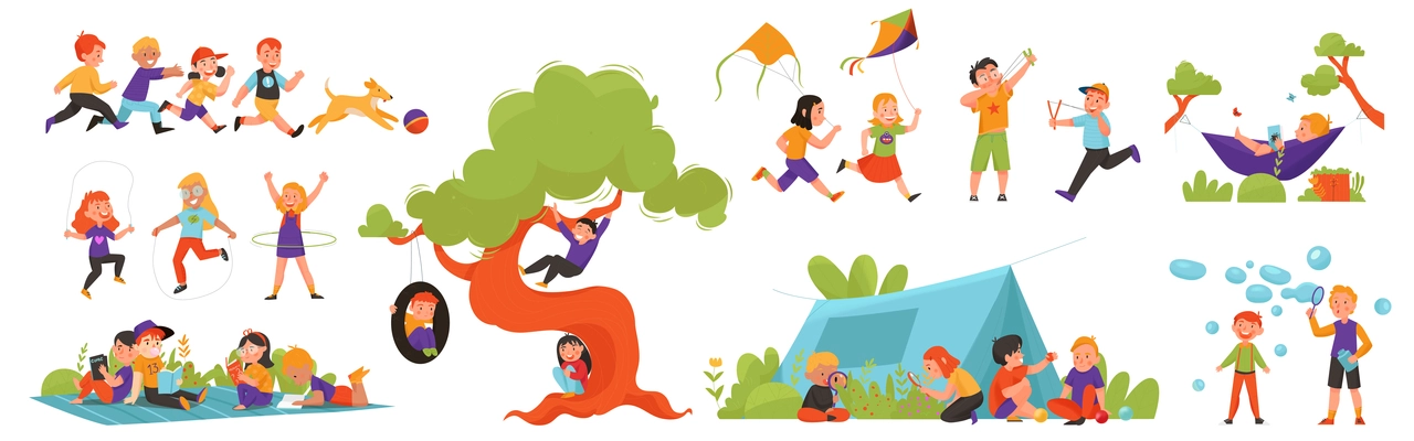 Summer children playing activity color icon set children play with a dog kite read books climb trees relax and have fun vector illustration