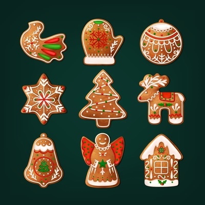 Realistic christmas cookies color icon set cookies made with gingerbread dough on dark green background vector illustration