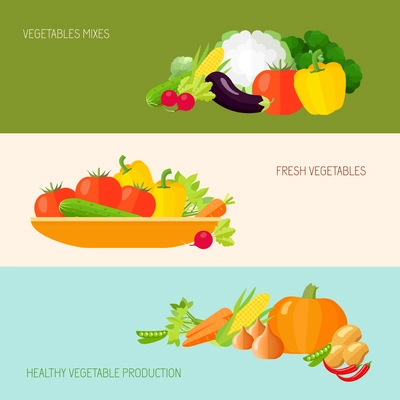 Vegetables fresh healthy production horizontal banner set isolated vector illustration