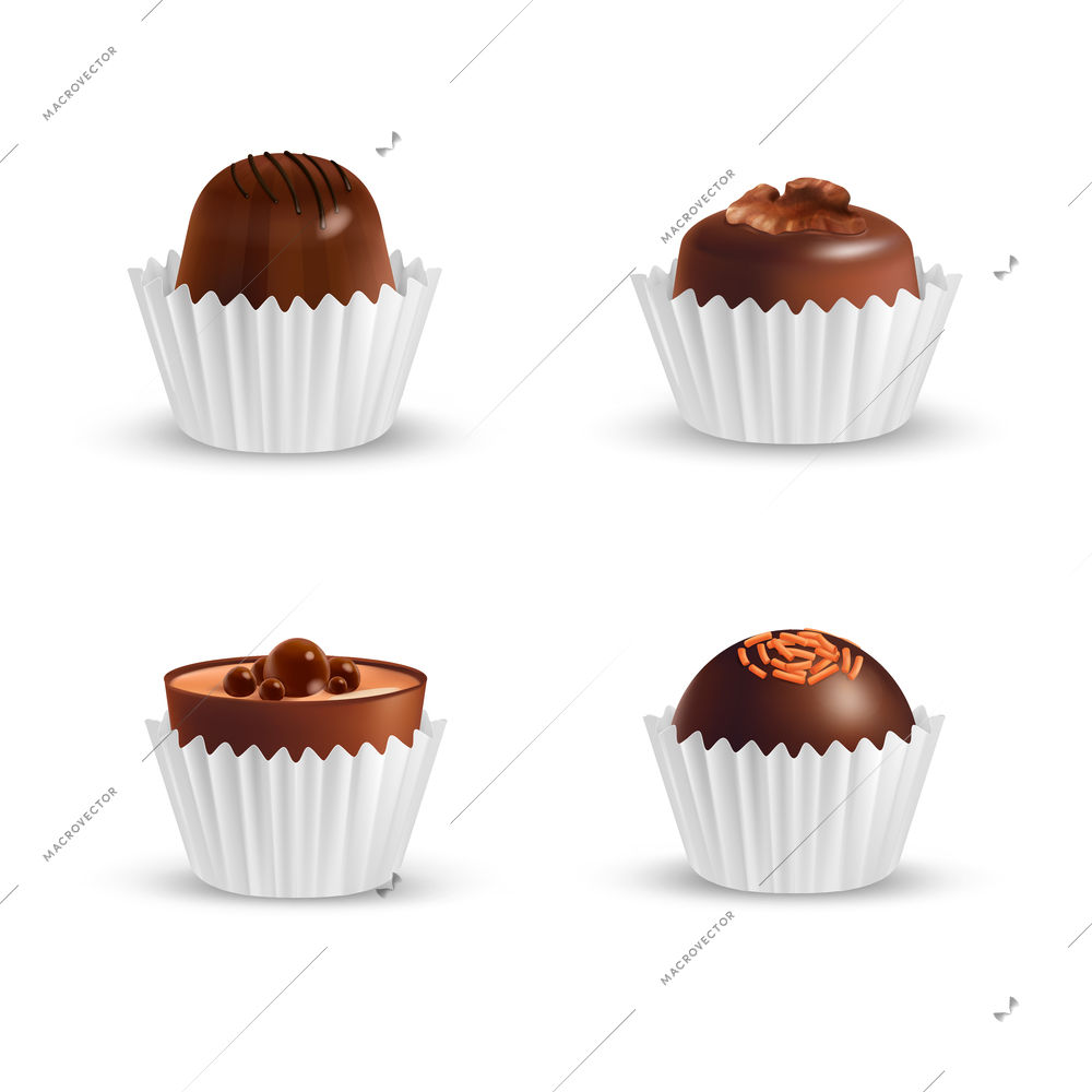 Set of four isolated realistic chocolate corrugated paper wrapper icons with choco candies on blank background vector illustration