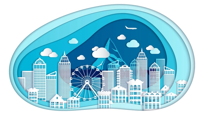 Paper city elements composition with multi layered cityscape with houses skyscrapers and mountain peak with clouds vector illustration