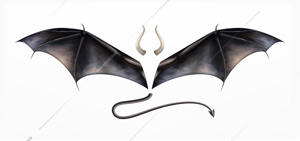 Bat daemon composition with isolated images of wings pair of horns and tail on blank background vector illustration