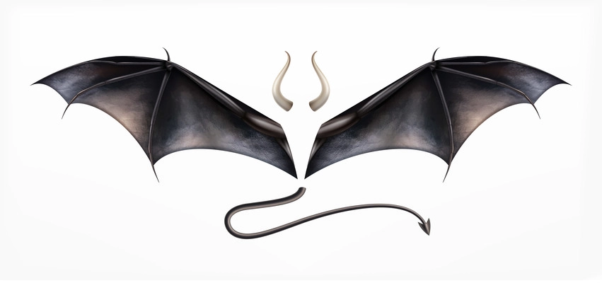 Bat daemon composition with isolated images of wings pair of horns and tail on blank background vector illustration