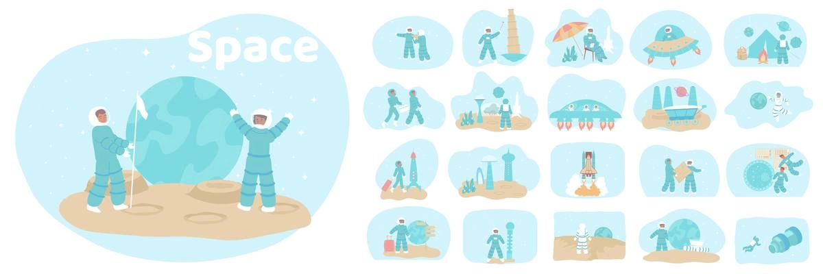 Space set with isolated compositions of flat icons characters of astronauts on planets with rockets spaceships vector illustration